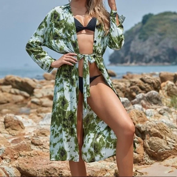 Green Coverup Long Sleeve collared shirt Swimsuit ButtonDown - Picture 2 of 12